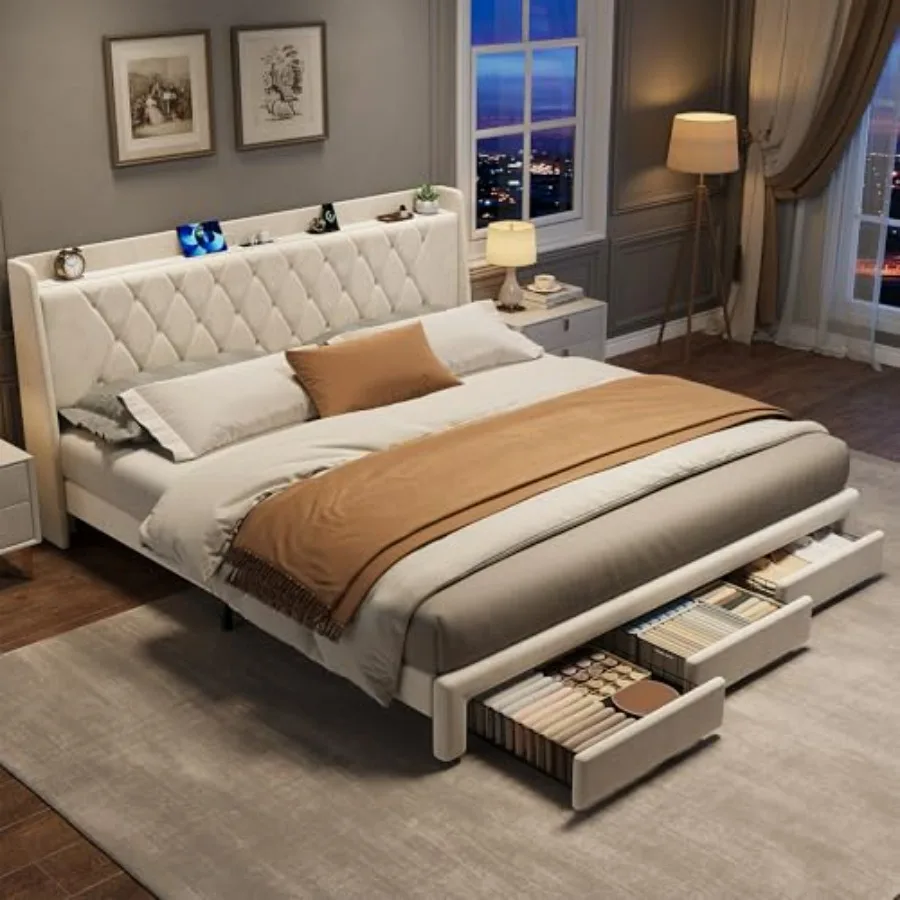 King Size Bed Frame With Storage Drawers - King Size Velvet Upholstered Platform Bed