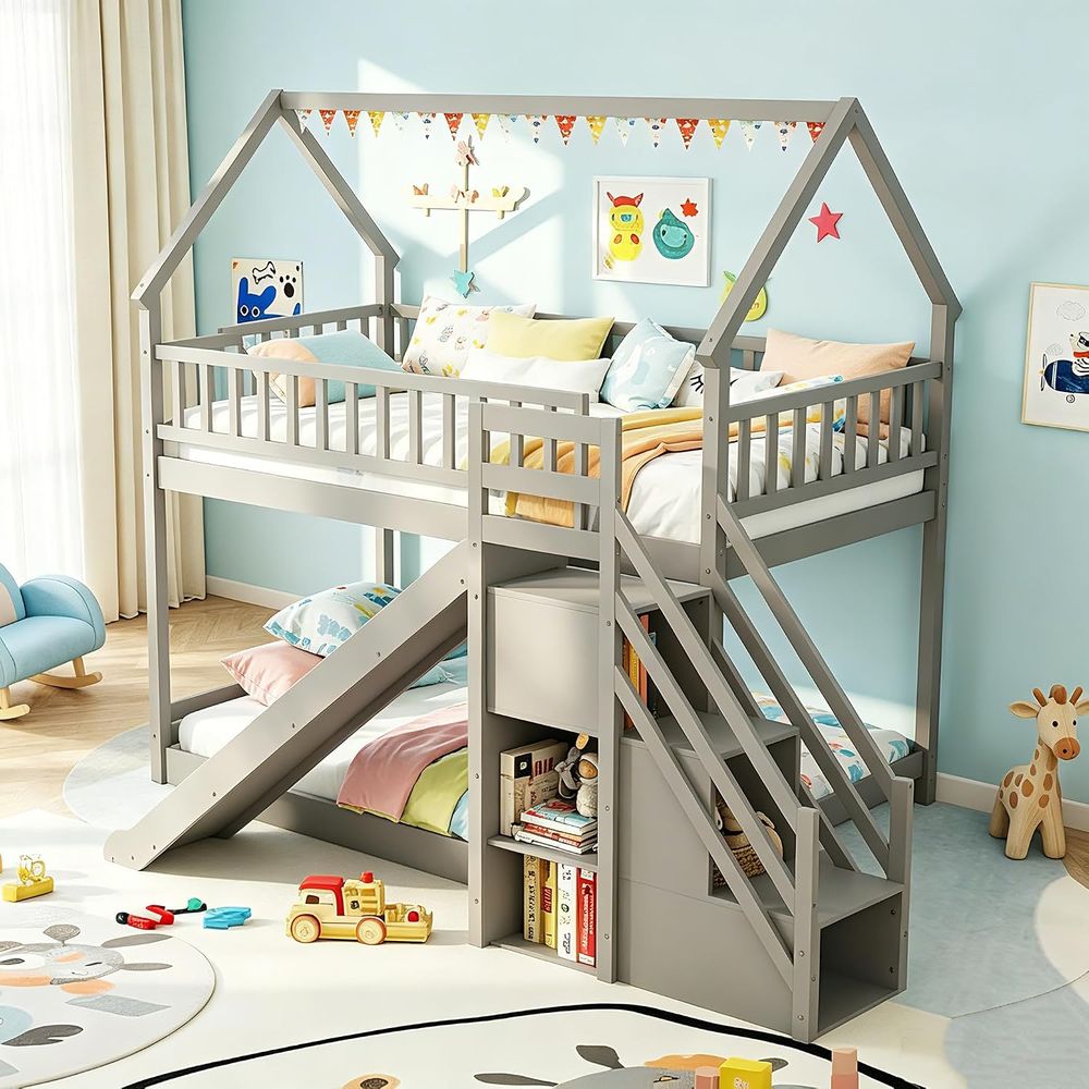 Twin Over Twin Bunk Bed with S - Bunk Bed With Stairs And Slide recension och pris