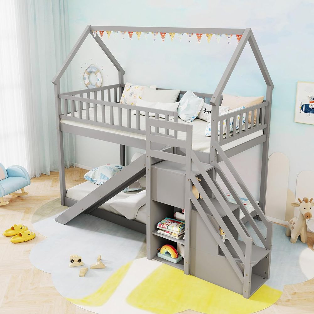 Twin Over Twin Bunk Bed with S - Bunk Bed With Stairs And Slide recension och pris