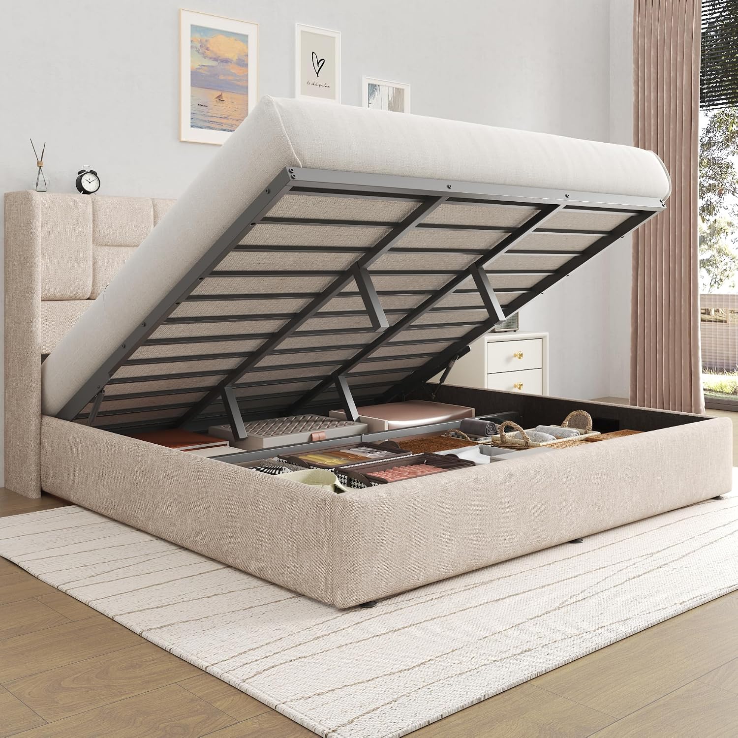 Linen Upholstered King Bed Fra - Gas Lift Storage Bed Hydraulic recension och pris