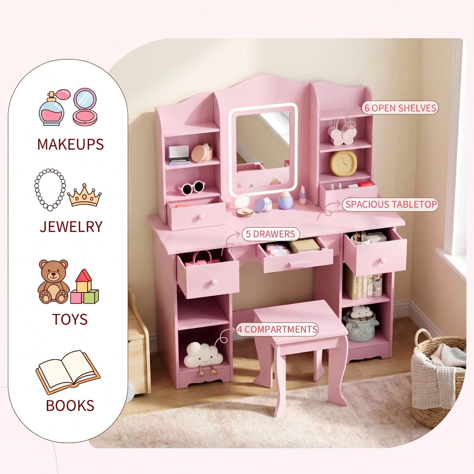Kids Vanity with 3-Color Light - Dressing Table Vanity With Lighted Mirror recension och pris