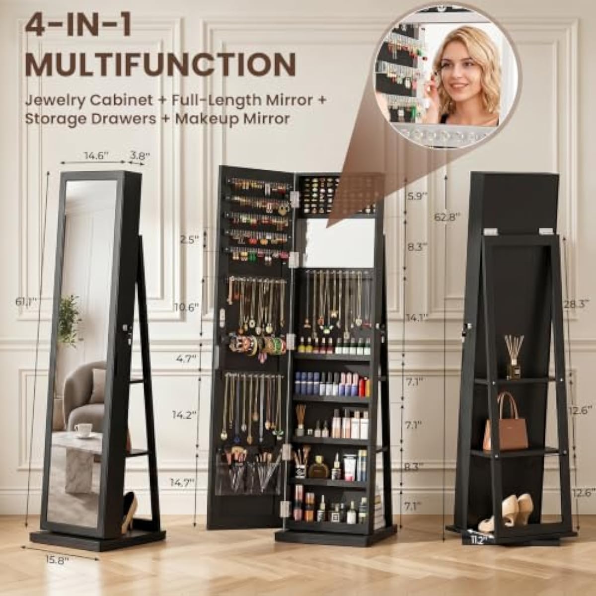 Elegant Black Standing Jewelry - Full Length Mirror Jewelry Armoire recension och pris