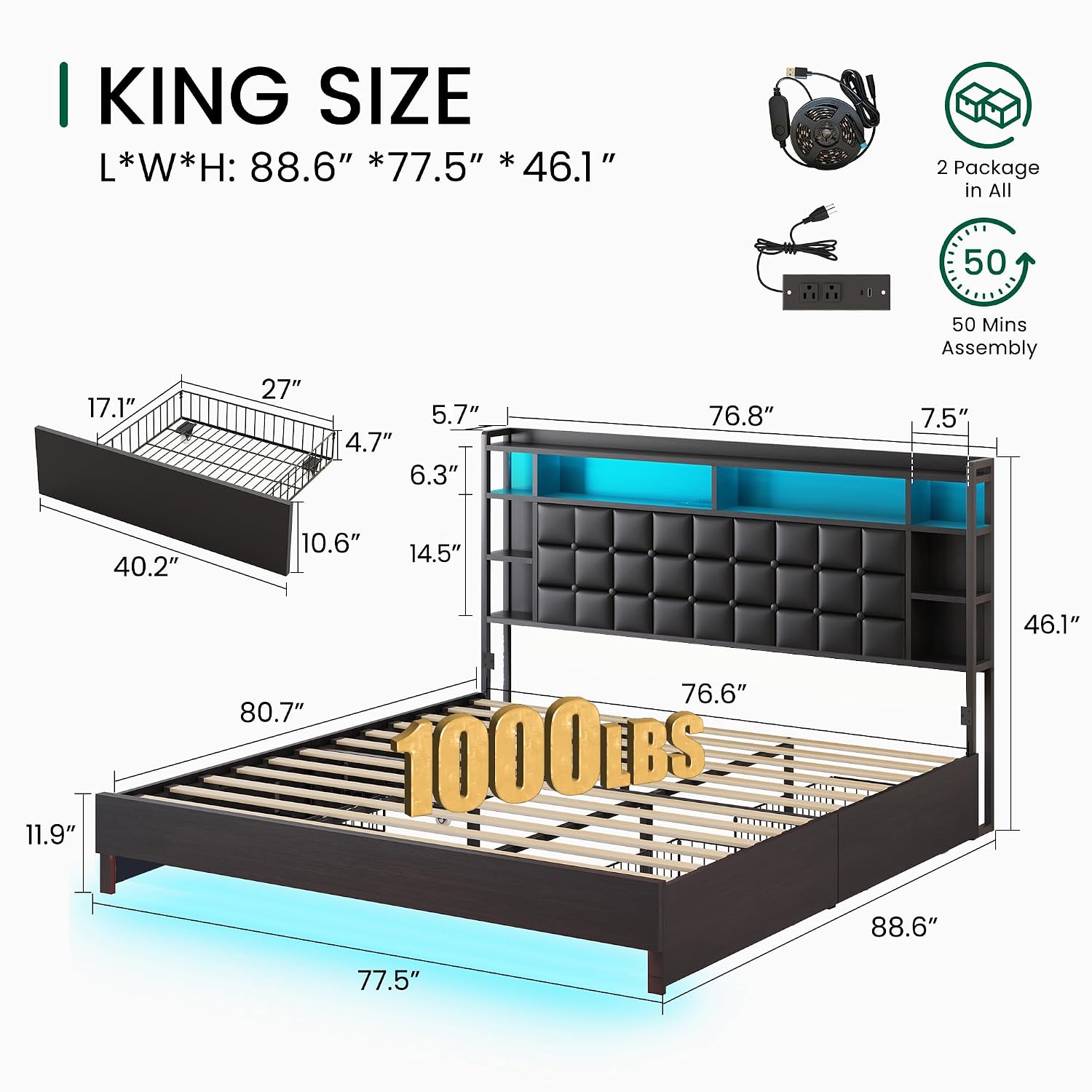 King Size Wooden Bed Frame wit - King Size Bed Frame With Storage Drawers recension och pris
