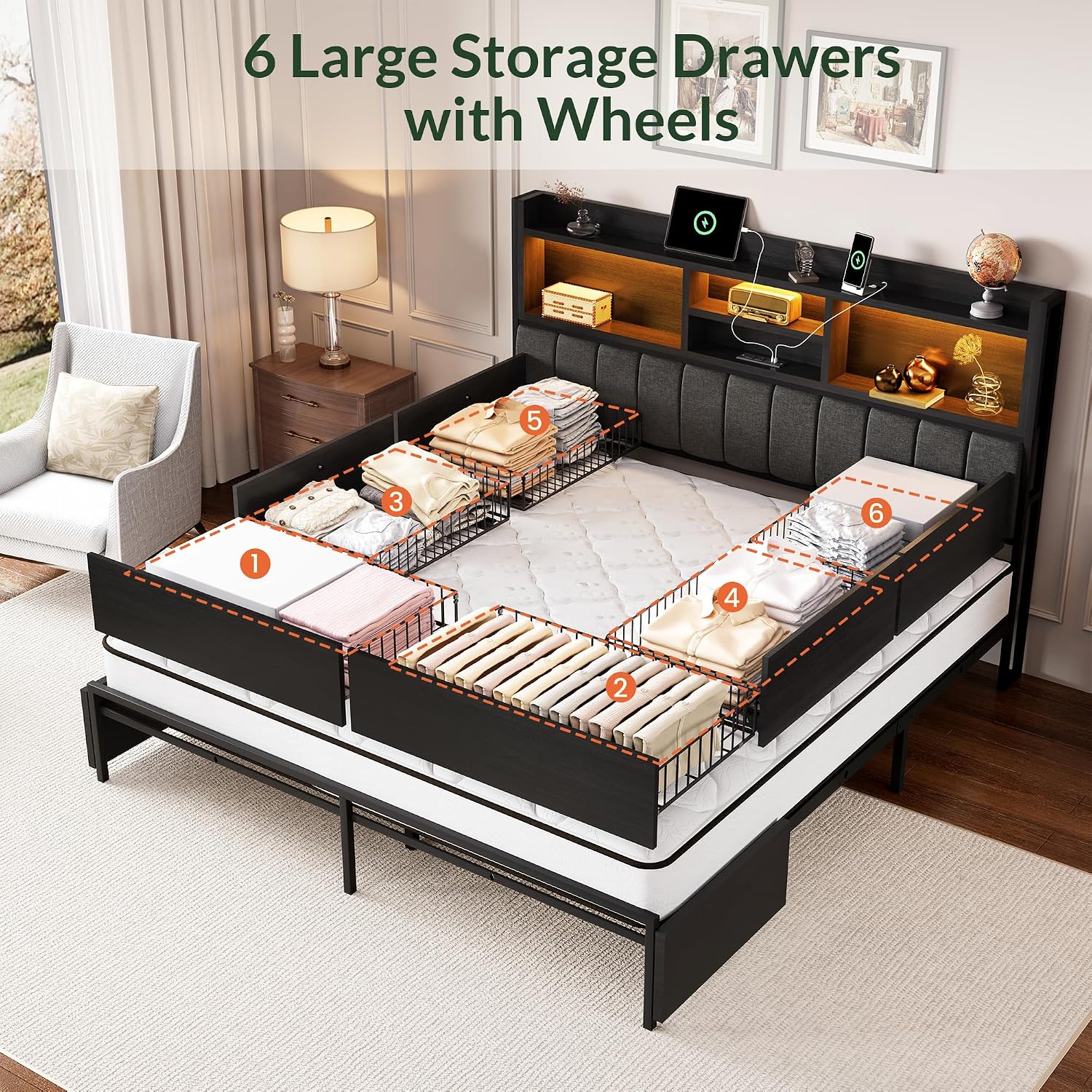 King Bed Frame with 6 Storage  - King Size Bed Frame With Storage Drawers recension och pris