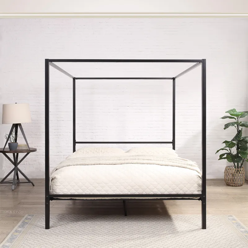 yh-Modern Design Black Four 4  - Canopy Bed Frame Metal Queen recension och pris
