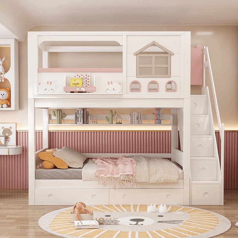Modern Pink Solid Wood Kids Bu - Bunk Bed With Stairs And Slide recension och pris