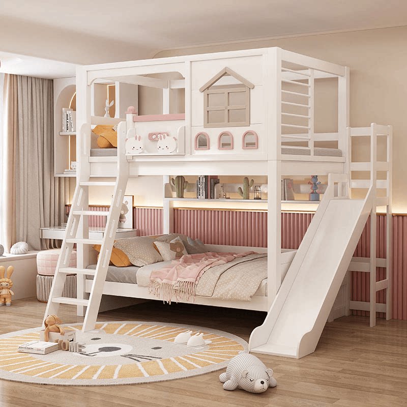 Modern Pink Solid Wood Kids Bu - Bunk Bed With Stairs And Slide recension och pris