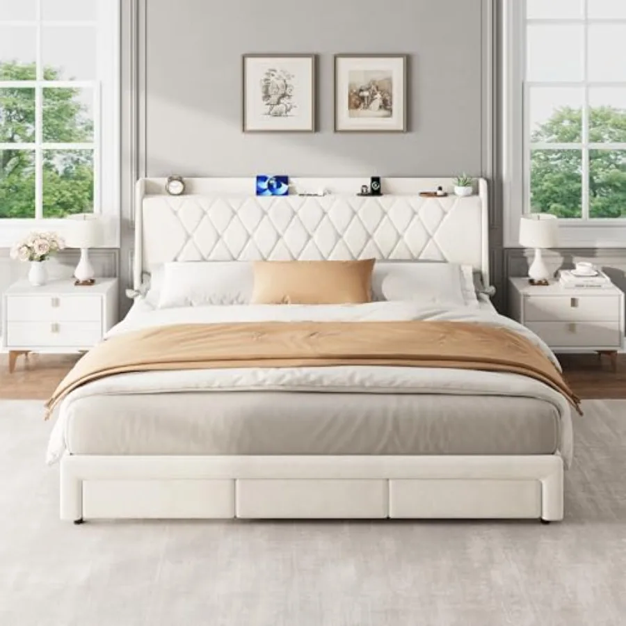 King Size Velvet Upholstered P - King Size Bed Frame With Storage Drawers recension och pris